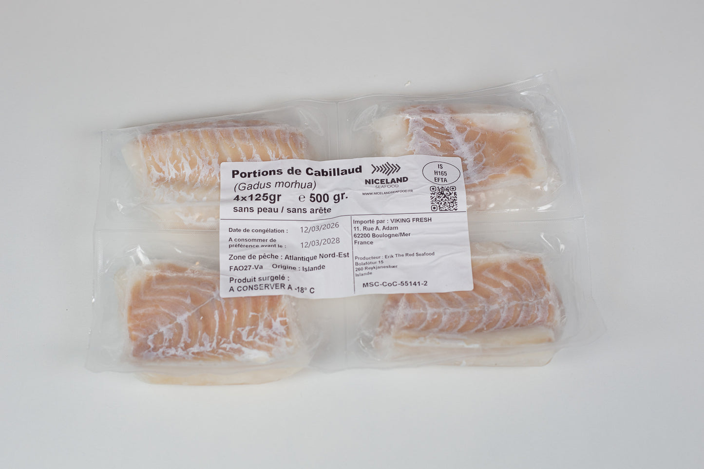 Portions de cabillaud congelées
